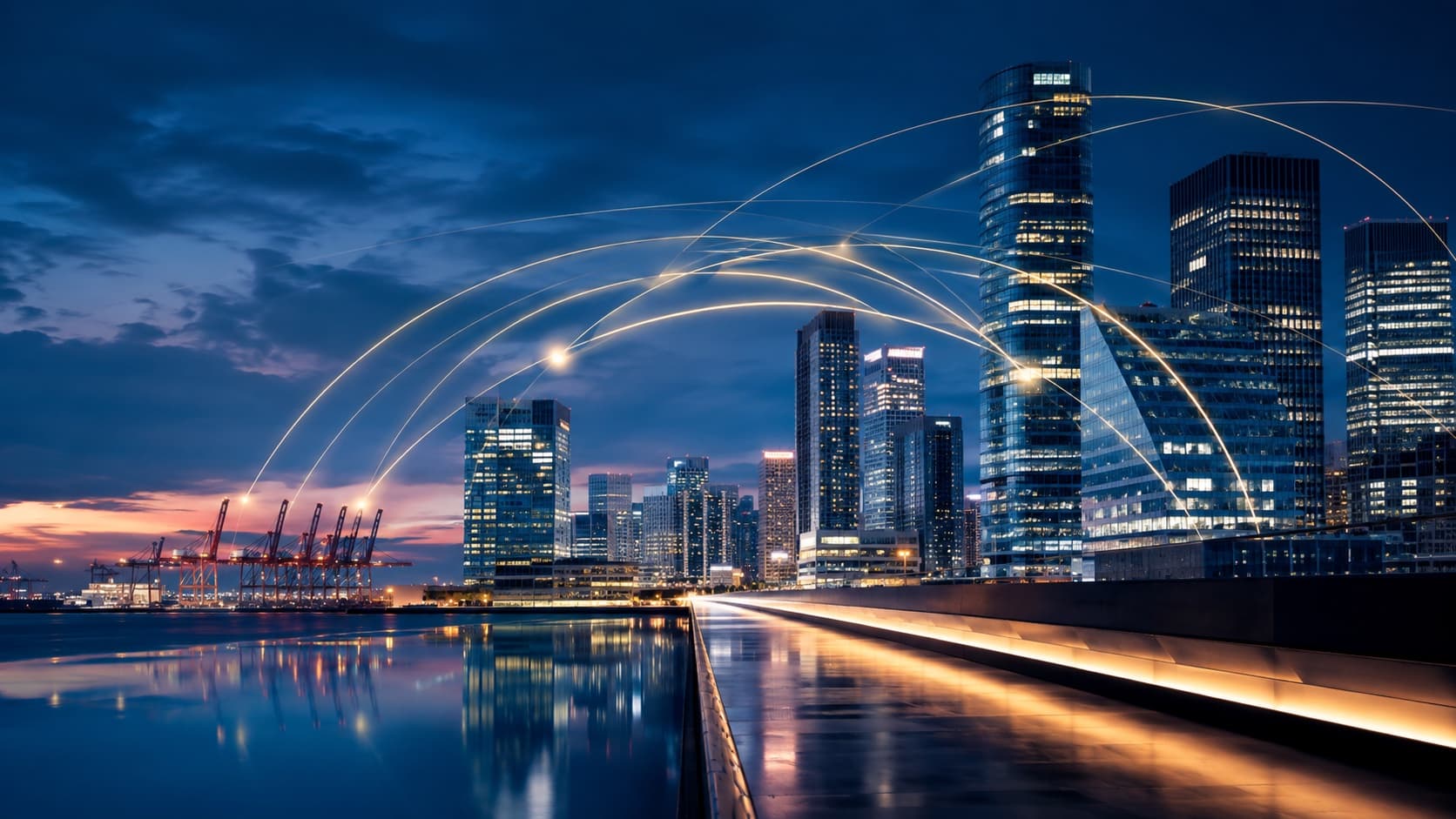 Tokyo waterfront and global light trails representing cross-border industrial connection.