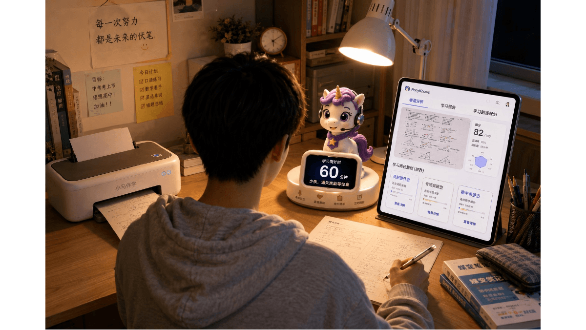 PonyKnows desk learning scenario visual.